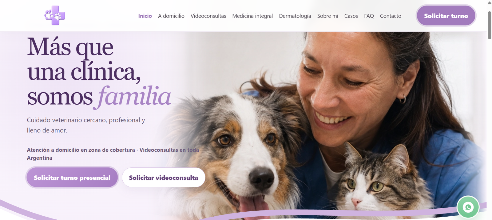 Vista de inicio del sitio de Adriana Veterinaria