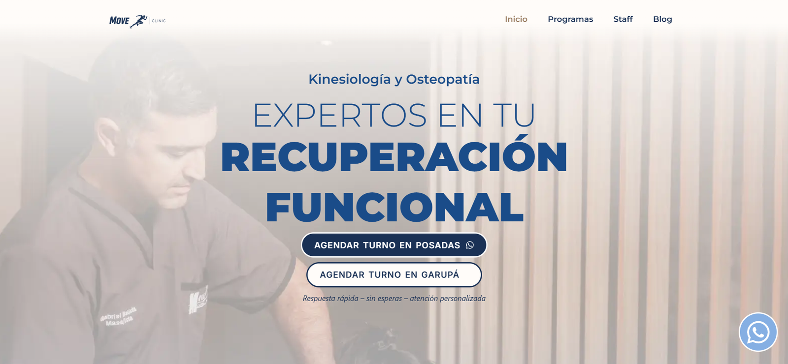 Vista de inicio del sitio de Move Clinic