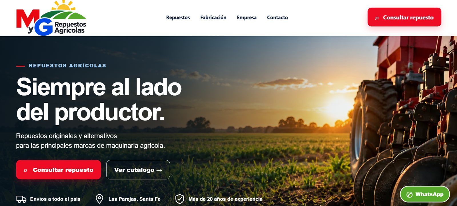 Vista de inicio del sitio de MyG Repuestos Agrícolas